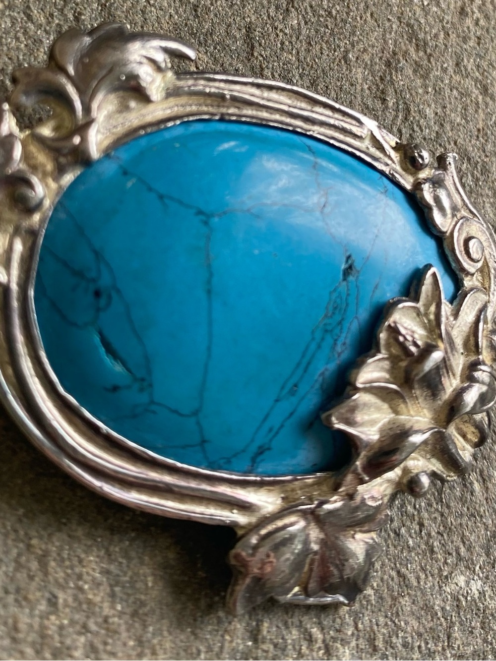 Vintage Turquoise Stone Brooch with Floral Silver Frame